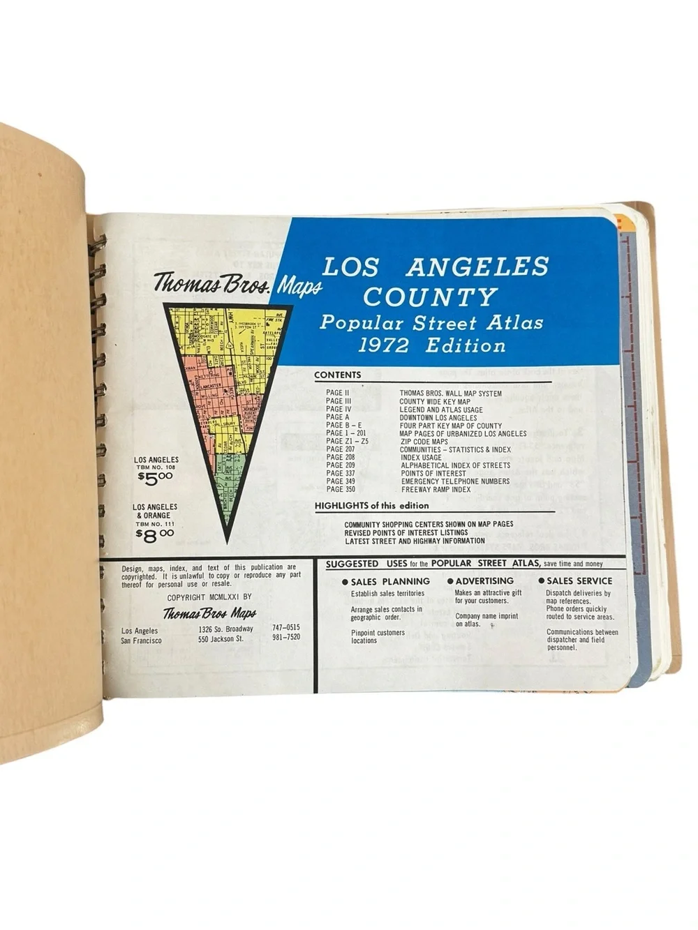 Thomas Bros Maps Los Angeles County Popular Street Atlas 1972 Edition California